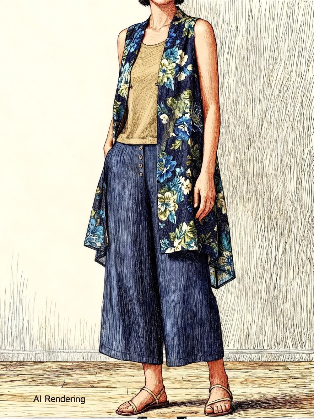 New! VIVID Dark Blue Linen Jeans Style Wide Leg Button Fly Cropped Pants size 6